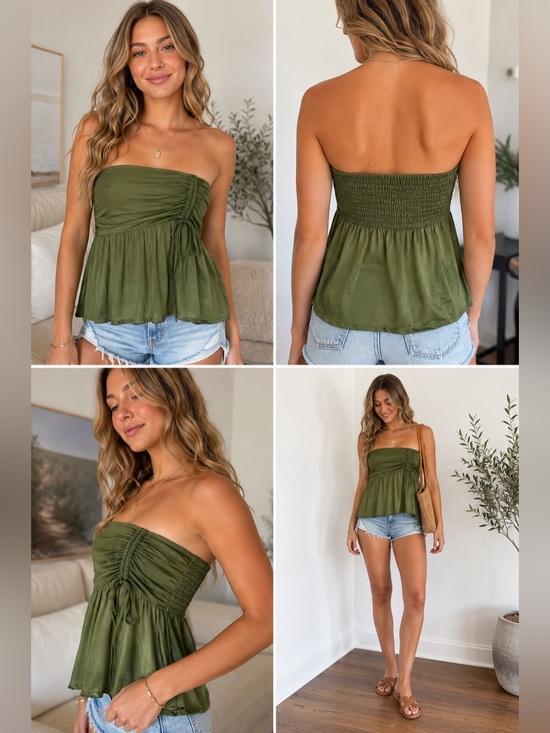 aerie Tops - Aerie Olive Green Strapless Ruched Babydoll Tube Top Size Small Petite (S/P)